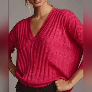 Anthropologie Pilcro v-neck ribbed sweater Batwing Sz small pink fuschia pleated